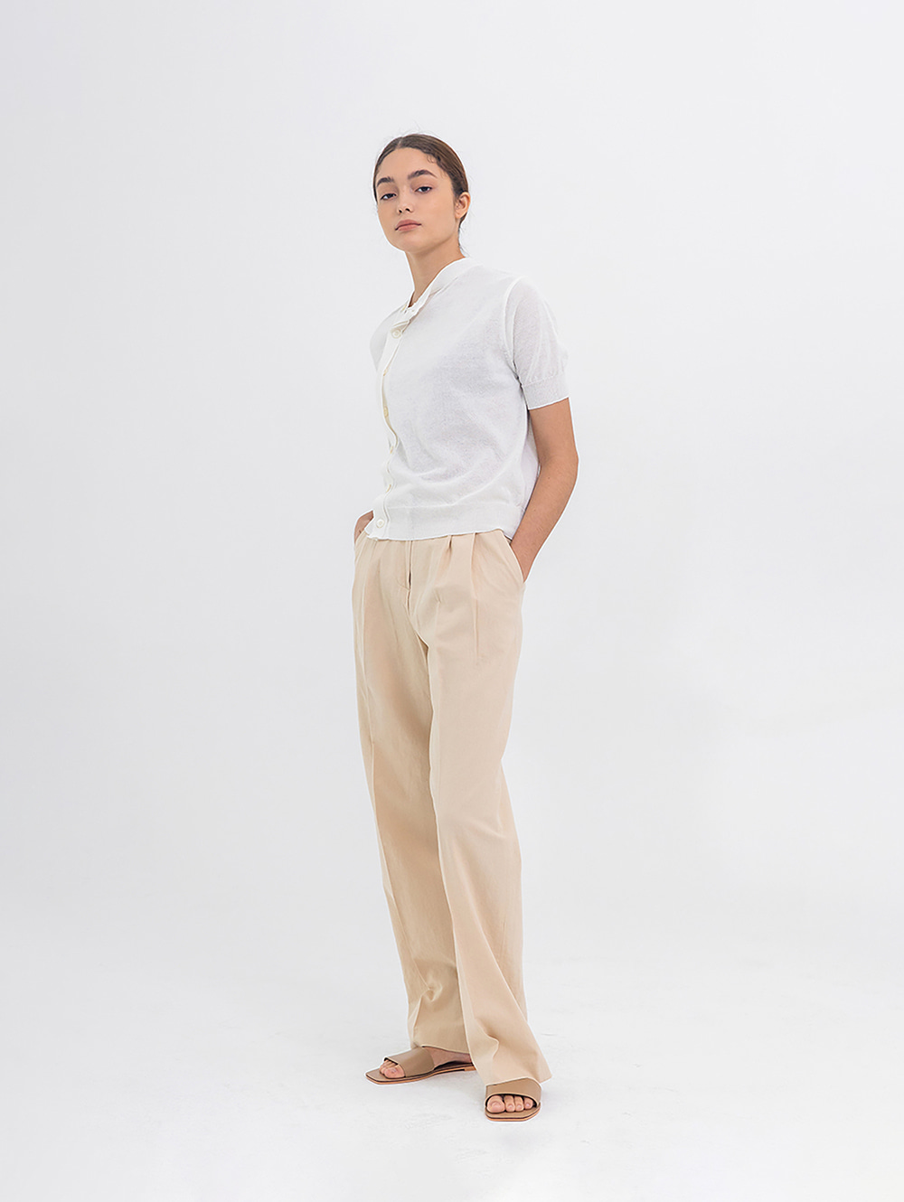 Linen wide slacks (beige)