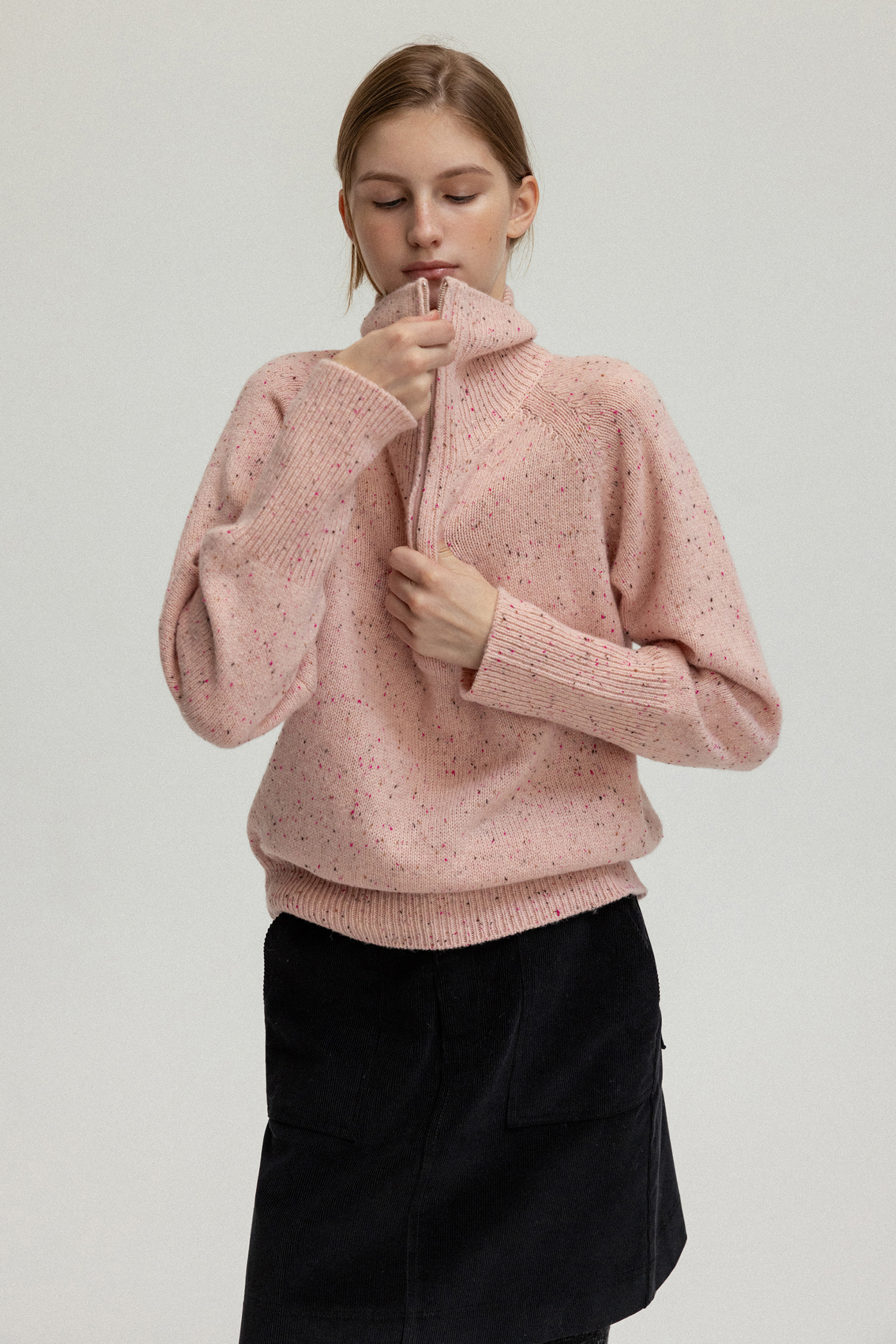Nep wool halfneck zip-up knit (pink)